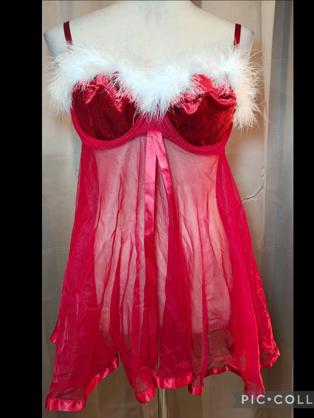 🎄Y2K Secret Treasures Sheer Mesh & Crushed Velvet Santa Babydoll Slip Dress🎄